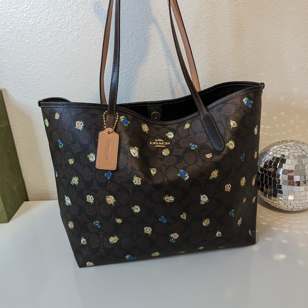 Coach Brown Floral Logo Tote with Blue and Cream Accents - Picture 7 of 16